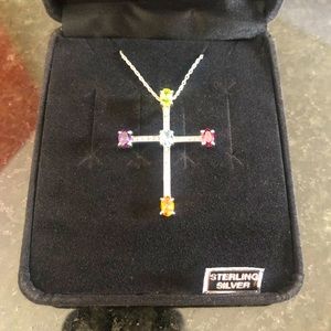 Multi-Gemstone Cross Pendant Necklace